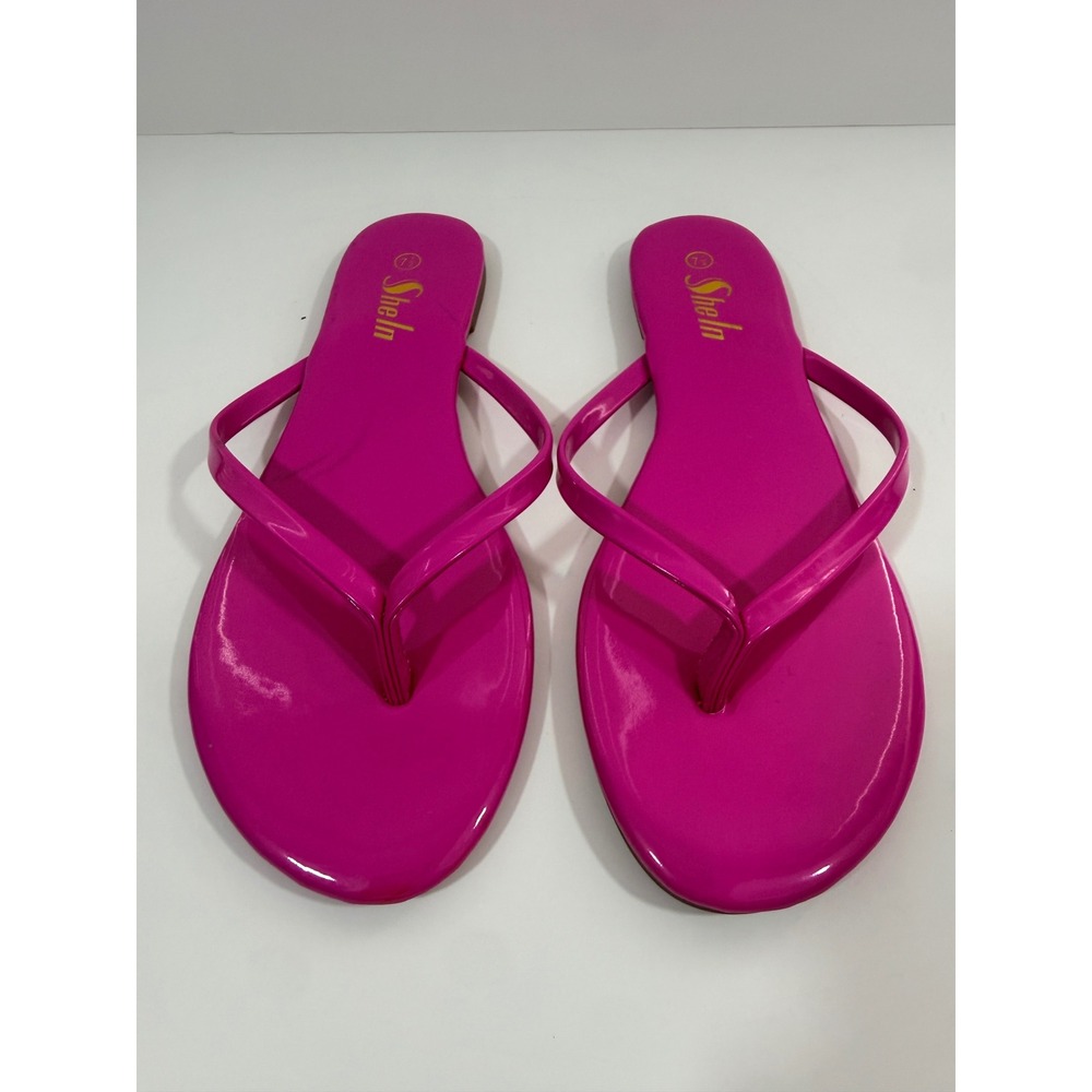 Shein Thong Sandals Women 7.5 Pink Good Patent Flat Flip Flops Summer Casual